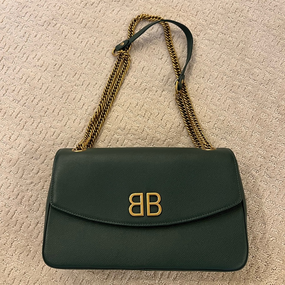 Balenciaga Leather BB Shoulder Bag in Green